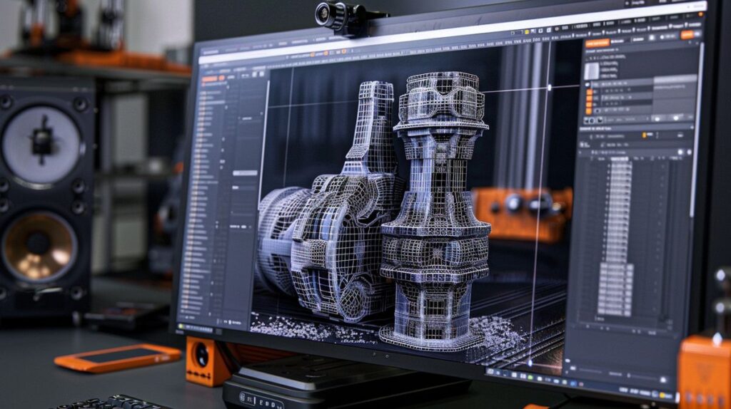 Ekran komputera z otwartym programem Blender, pokazujący edycję skomplikowanego modelu trójwymiarowego w formacie STL