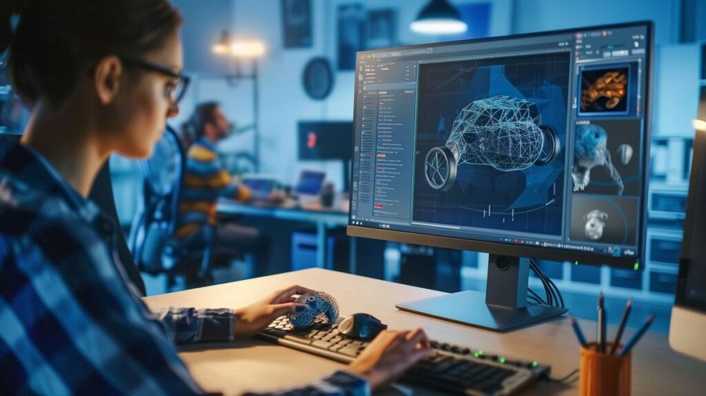 Cyfrowy artysta pracujący na komputerze z tabletem graficznym nad skomplikowanym modelem 3D