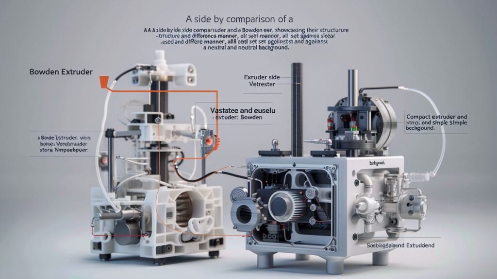 Porównanie ekstrudera bezpośredniego i Bowdena, prezentacja budowy i różnic, neutralne tło