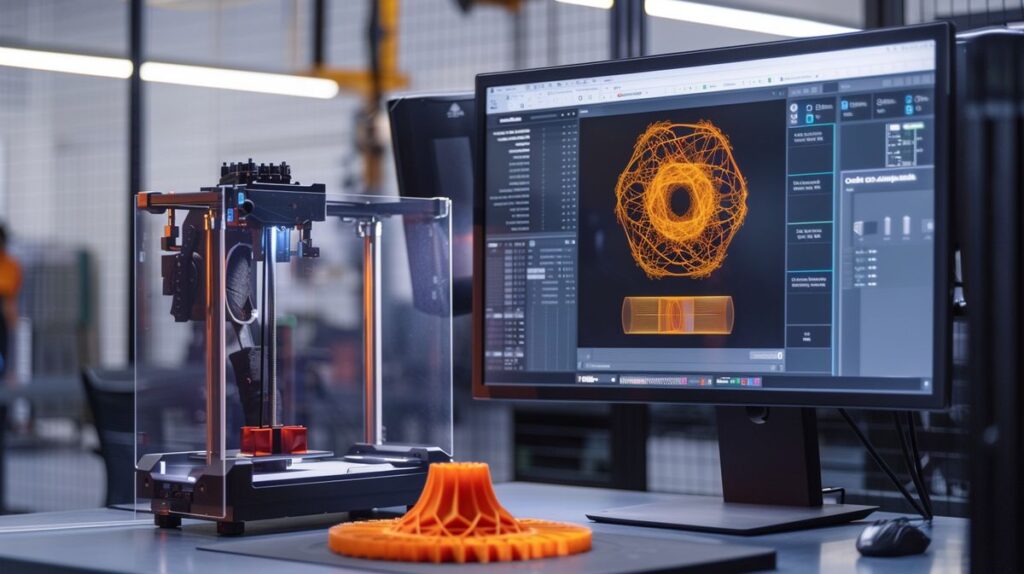 Ekran komputera z interfejsem oprogramowania do modelowania 3D oraz drukarka 3D drukująca model z ekranu, jakie oprogramowanie do drukarki 3D