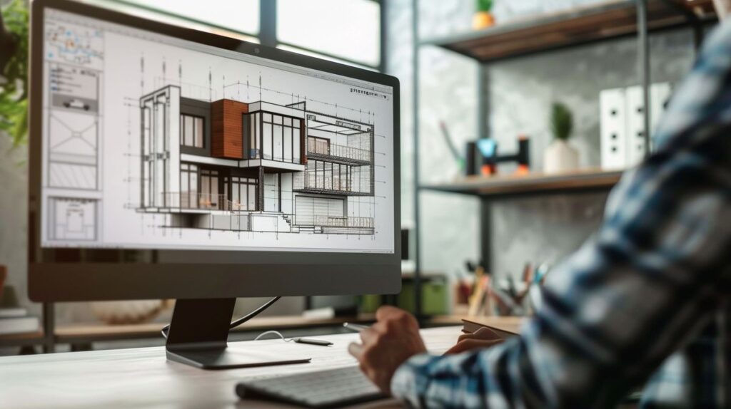 Osoba siedząca przy biurku i korzystająca z rysika na tablecie graficznym do rysowania planów domów w 3D na ekranie komputera