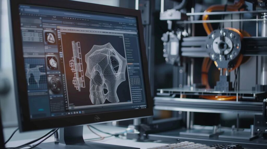 Ekran komputera z interfejsem oprogramowania do modelowania 3D i widocznym skomplikowanym modelem 3D, obok drukarka 3D drukująca ten sam model