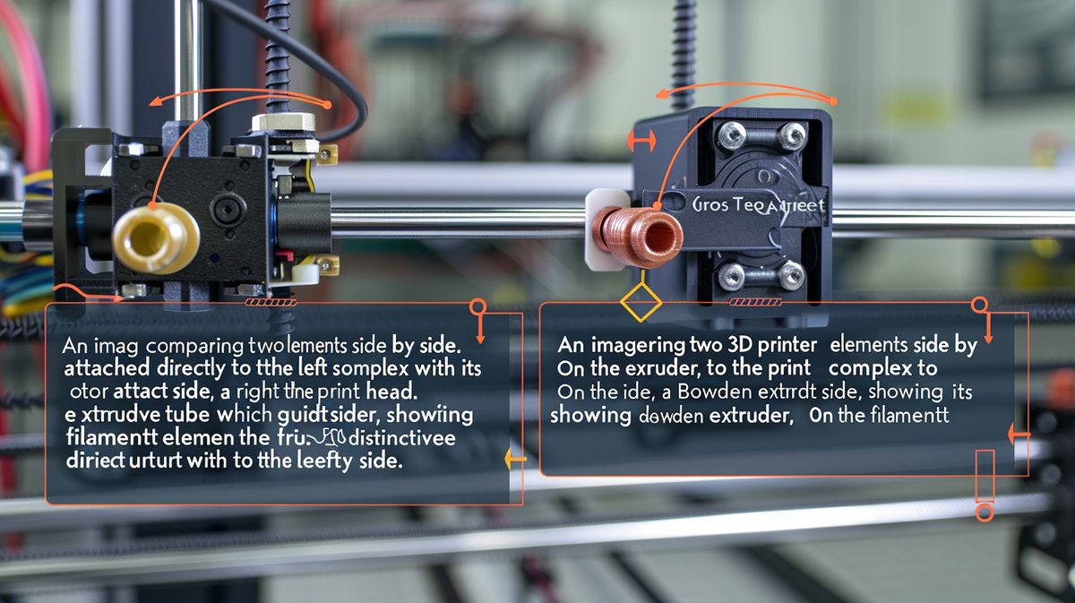 Porównanie ekstrudera bezpośredniego i Bowdena: z lewej strony skomplikowany ekstruder bezpośredni z silnikiem na głowicy, z prawej ekstruder Bowdena z charakterystyczną rurką i silnikiem na korpusie drukarki