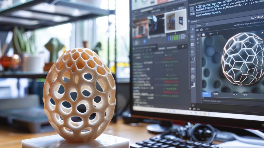 Obiekt 3D zaprojektowany w Autodesk Fusion 360 obok interfejsu programu na ekranie komputera