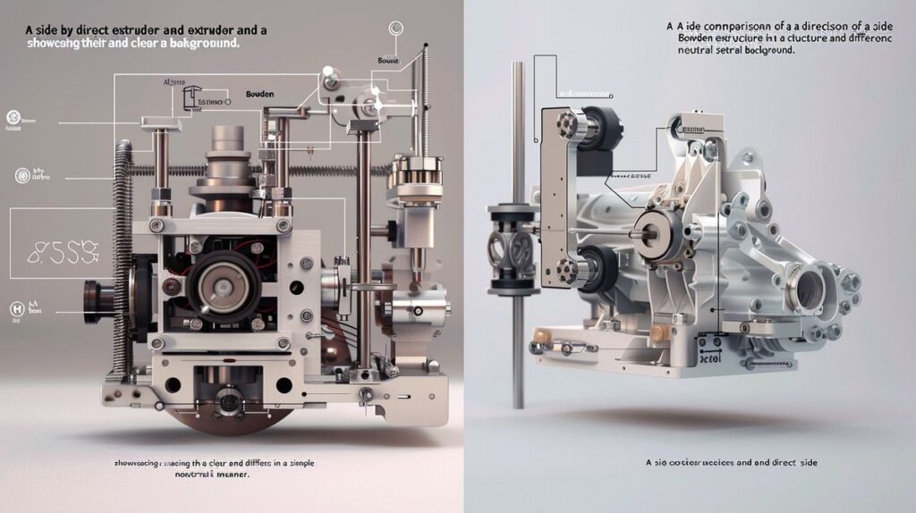 Porównanie ekstrudera bezpośredniego i Bowdena, różnice i budowa na neutralnym tle